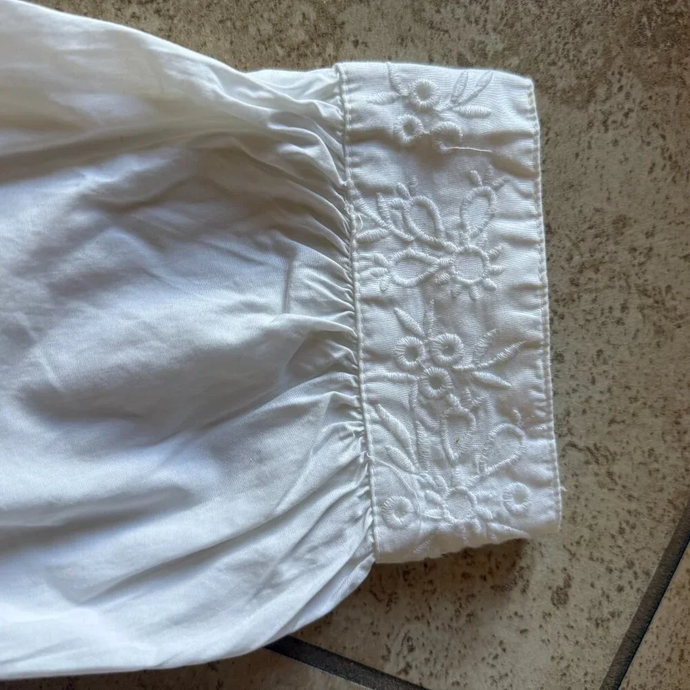 Zara White Smocked Top With Lace -Trimmed Collar Puff Sleeve